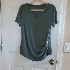 V-Neck Short Sleeve Top with Side Button Detail - Olive Green